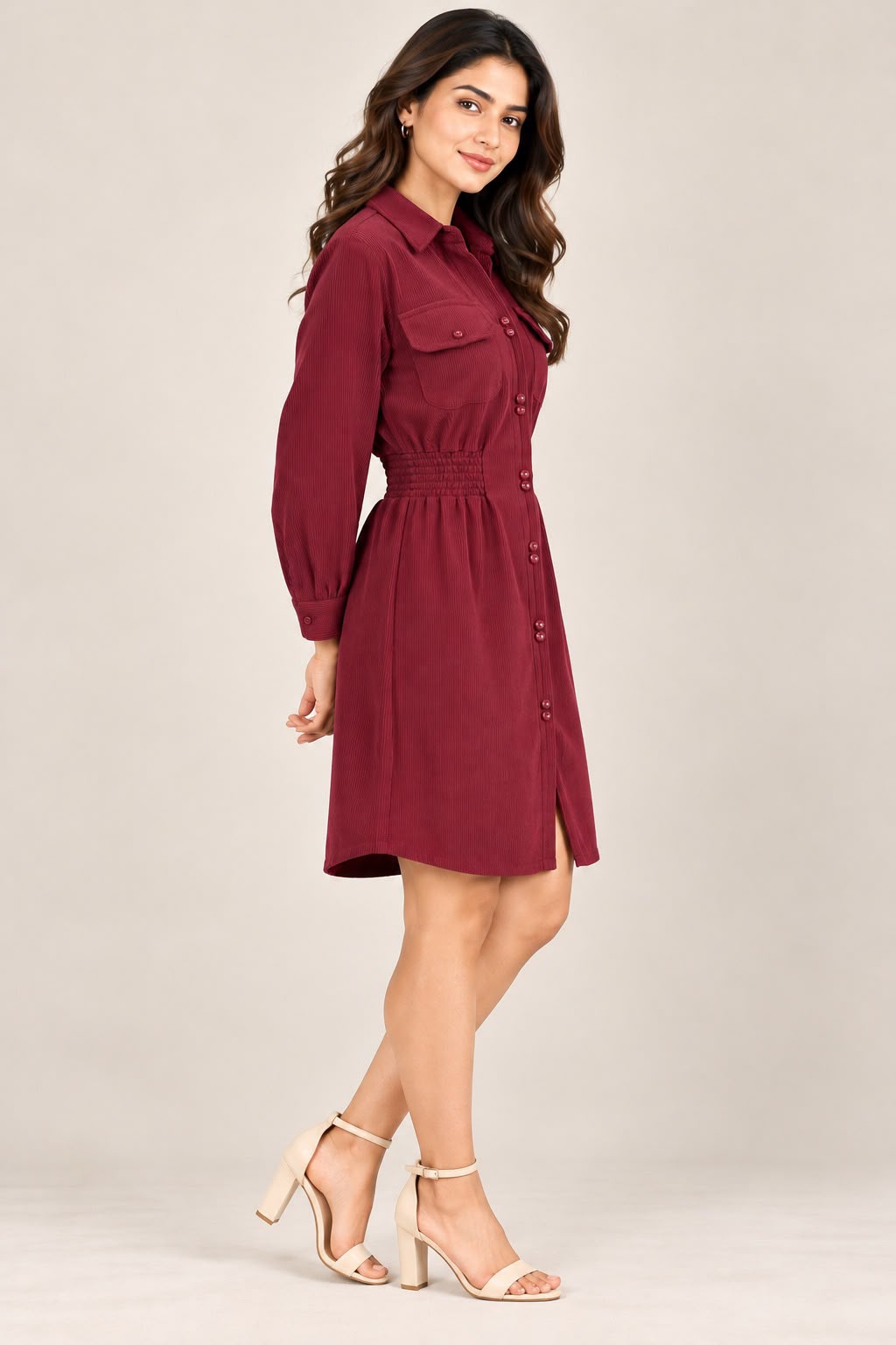 Women’s Solid Corduroy Winter Dress with Smocked Elasticated Waist