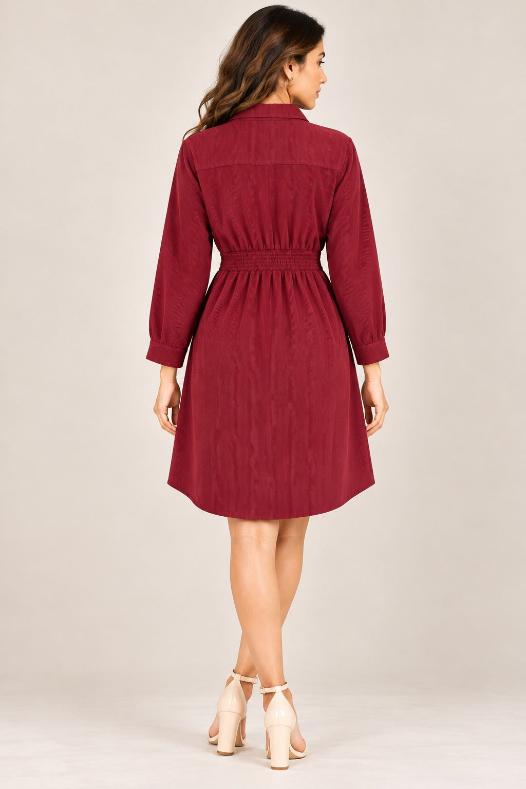 Women’s Solid Corduroy Winter Dress with Smocked Elasticated Waist