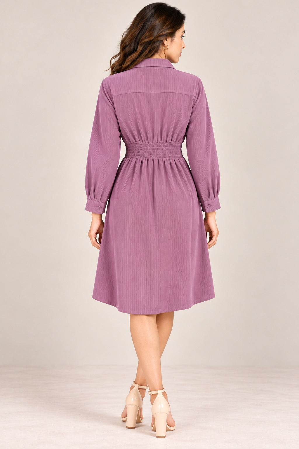 Women’s Solid Corduroy Winter Dress with Smocked Elasticated Waist