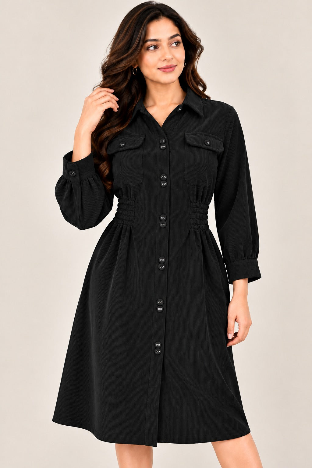 Women’s Solid Corduroy Winter Dress with Smocked Elasticated Waist