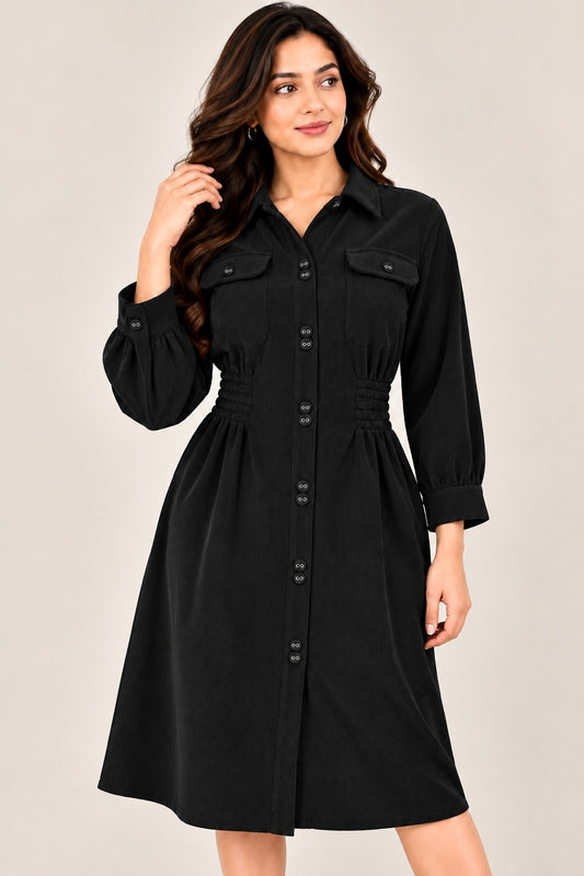 Women’s Solid Corduroy Winter Dress with Smocked Elasticated Waist