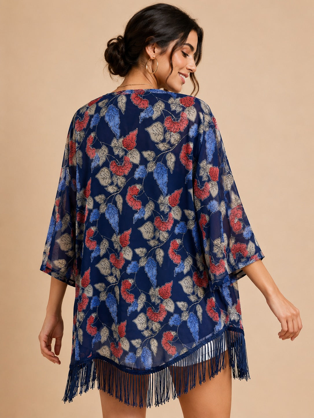 Women Navy Blue Floral Printed Front Open Longline Shrug