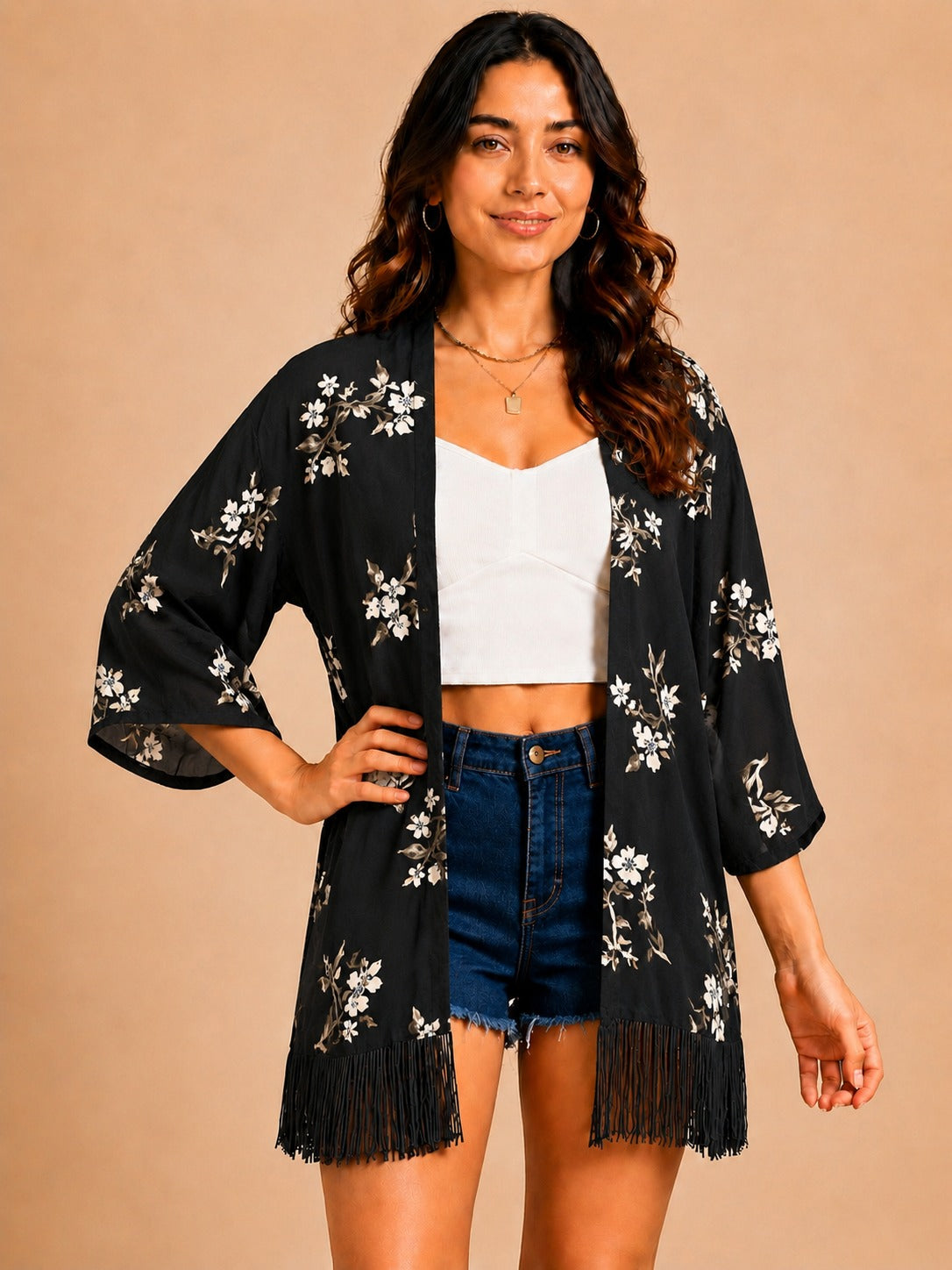Women Black Floral Printed Front Open Longline Shrug