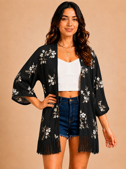 Women Black Floral Printed Front Open Longline Shrug