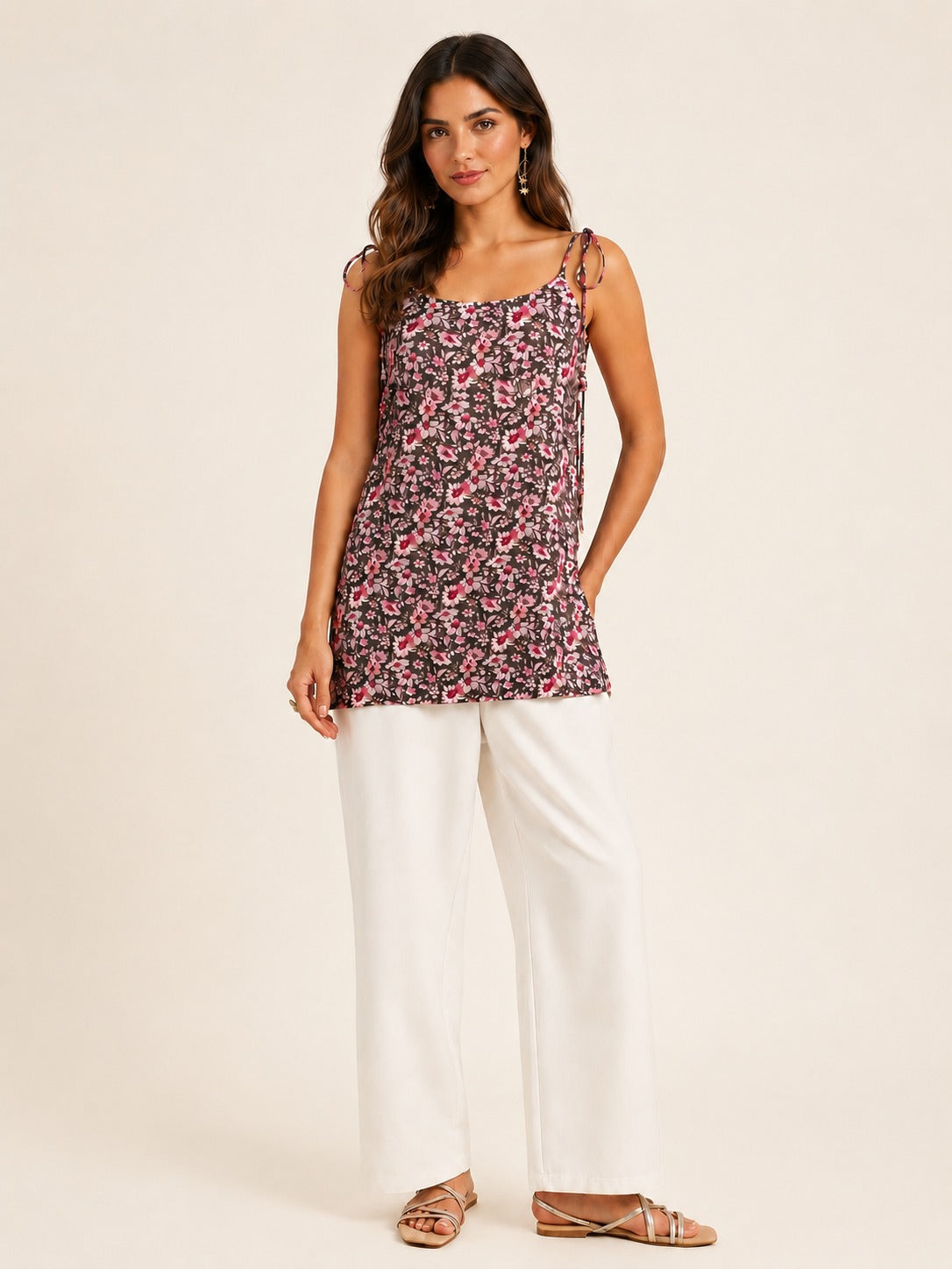 Women Floral Printed Shoulder Knot Tunic