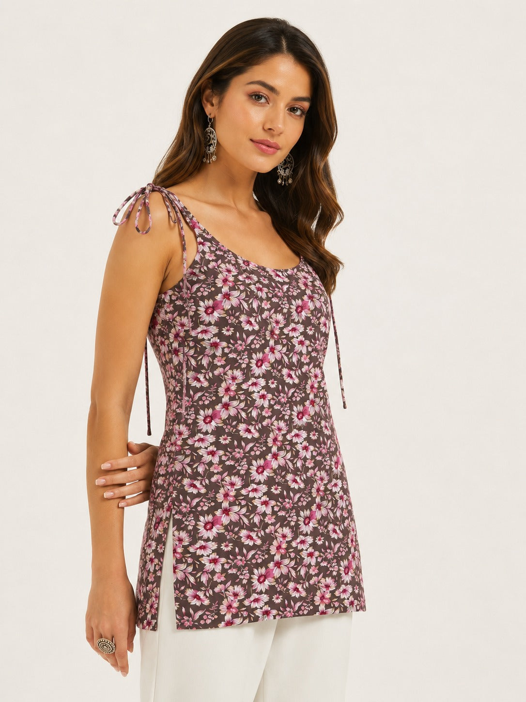 Women Floral Printed Shoulder Knot Tunic