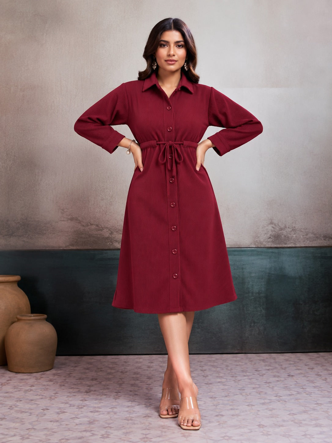 Women’s Solid Cotrise Tie-Up Winter Dress
