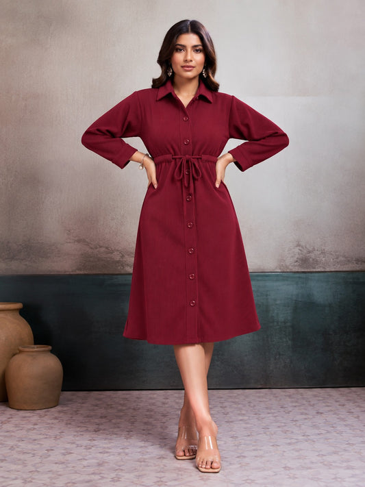 Women’s Solid Cotrise Tie-Up Winter Dress