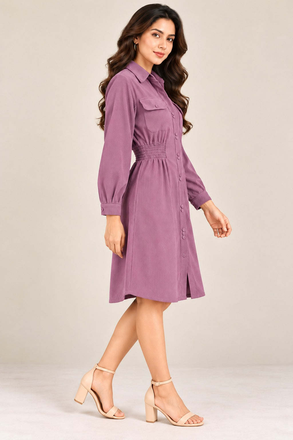 Women’s Solid Corduroy Winter Dress with Smocked Elasticated Waist