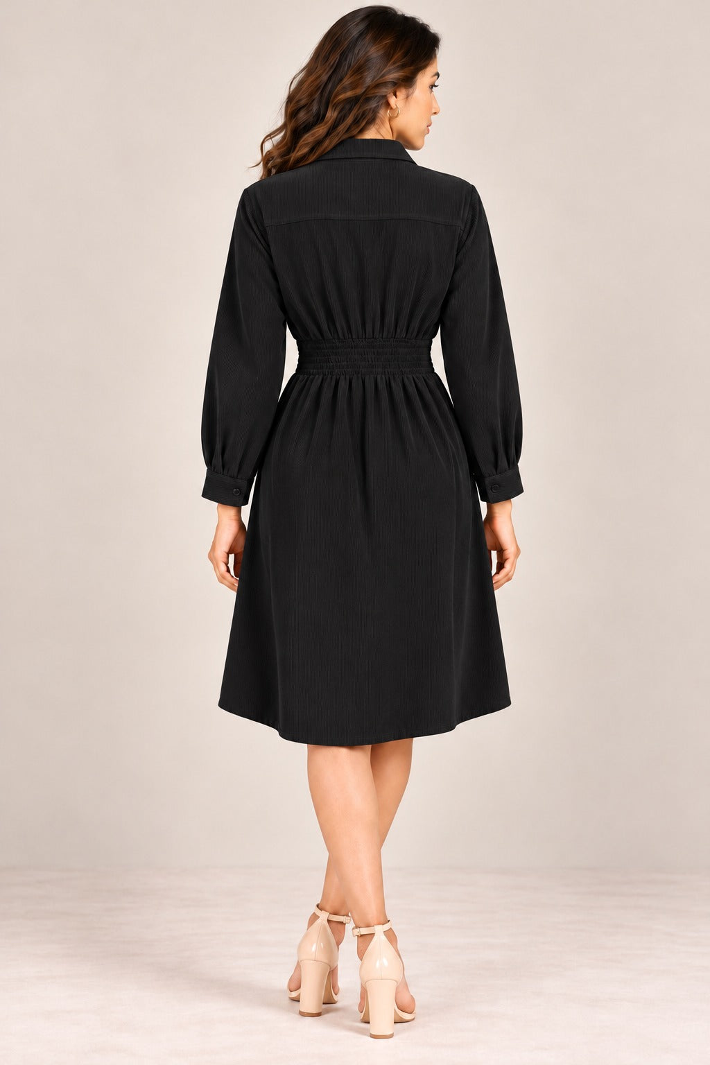 Women’s Solid Corduroy Winter Dress with Smocked Elasticated Waist