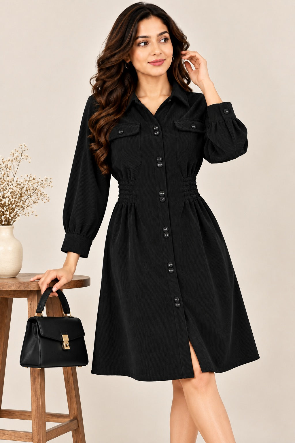 Women’s Solid Corduroy Winter Dress with Smocked Elasticated Waist