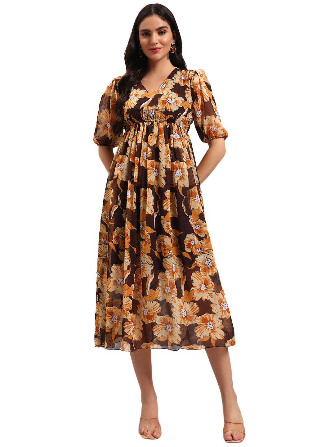 Women Brown Printed Flared Dress